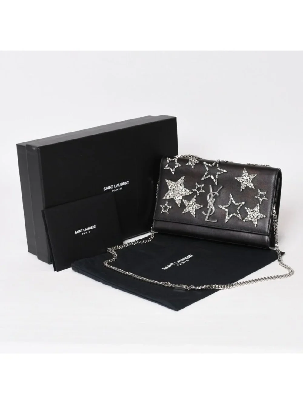 Saint Laurent Shoulder Bag YSL Logo Star Studs Leather Gold Black